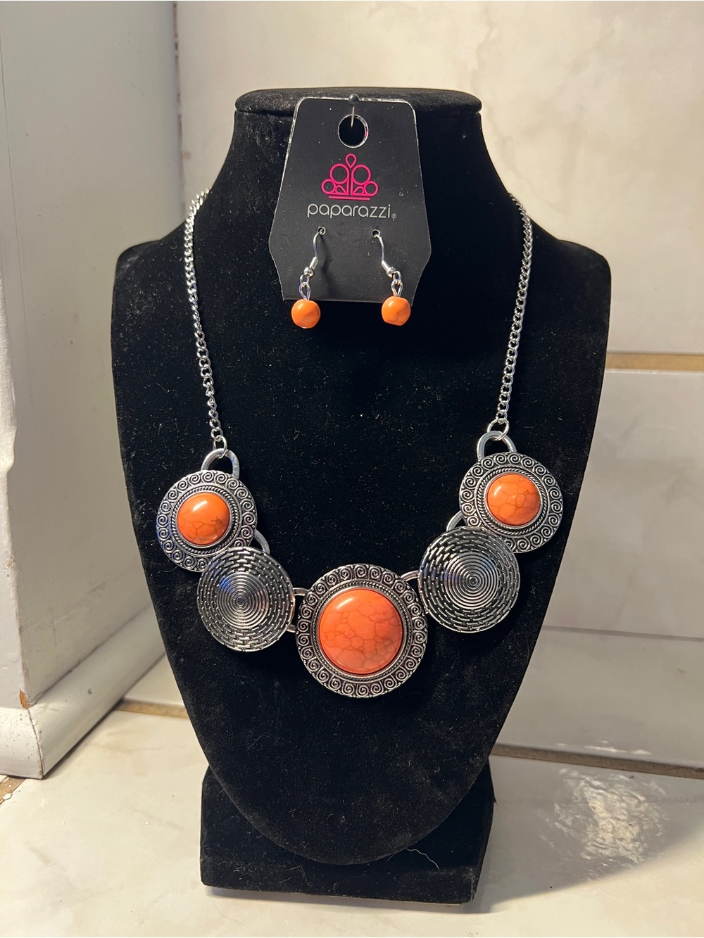 Paparazzi Vibrant Orange Cabochon Medallion Necklace & Earrings
